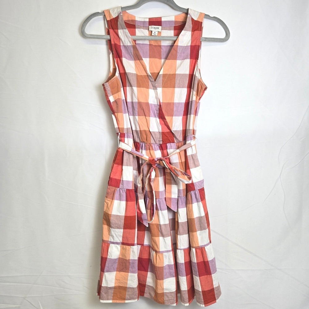 J. Crew Factory Faux Wrap Sleeveless Gingham Tiered Tie Waist Dress Multicolor 6